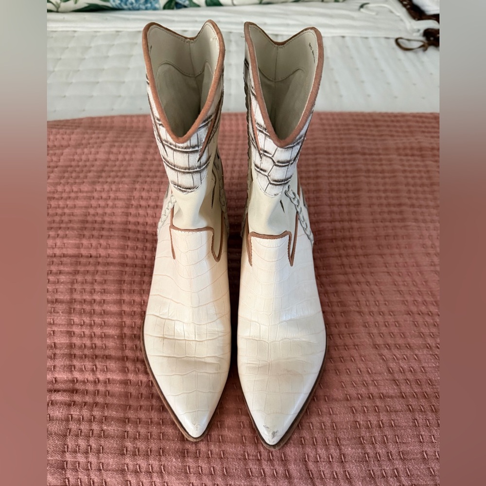 Dolce Vita Cream and Tan Croc-Embossed Ankle Boots